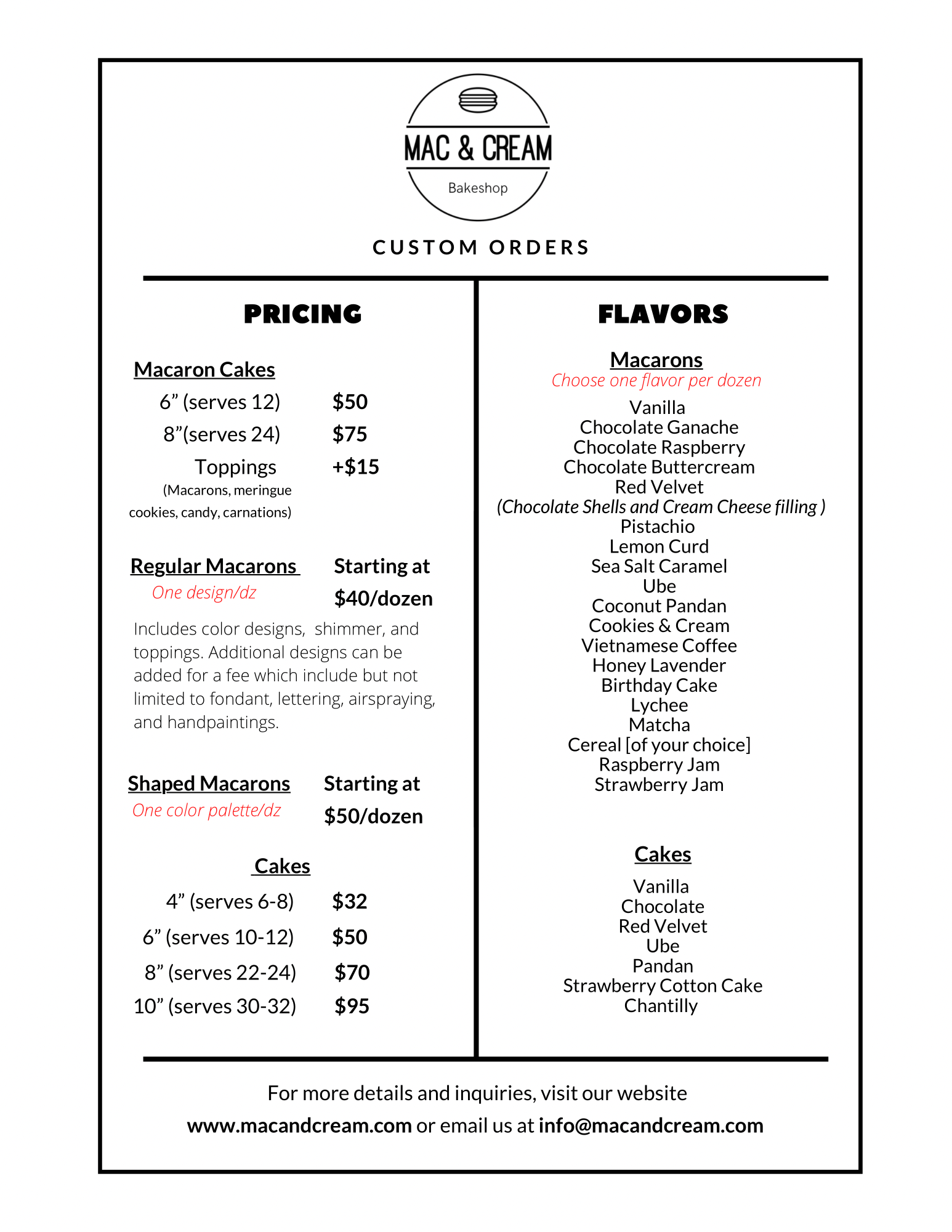 French Macarons Weekly Menu | Mac & Cream